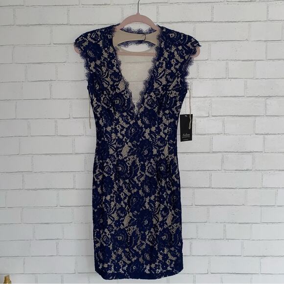 NEW Aidan Mattox Blue Lace Deep V Bodycon Cocktail Evening Party Dress sz 2 NWT - Picture 3 of 14